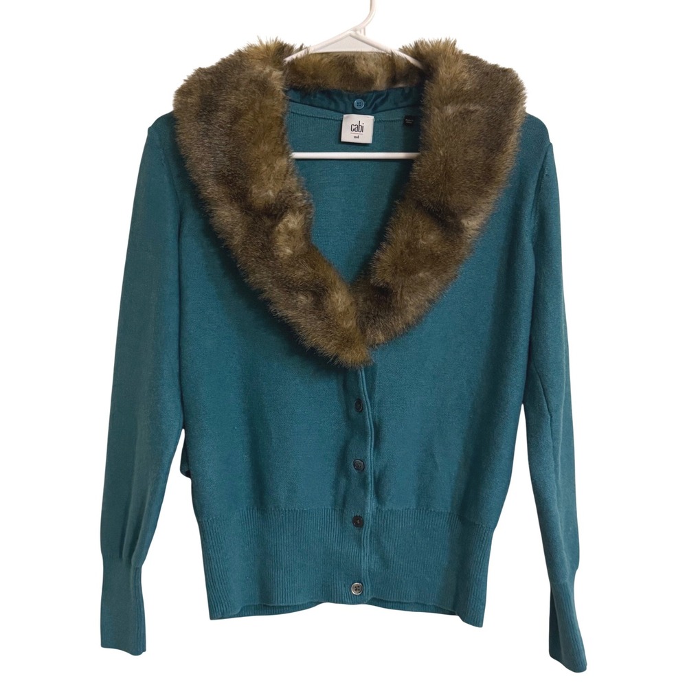 Cabi Teal Blue Button Front Cardigan With Removable Faux Fur Collar Size M